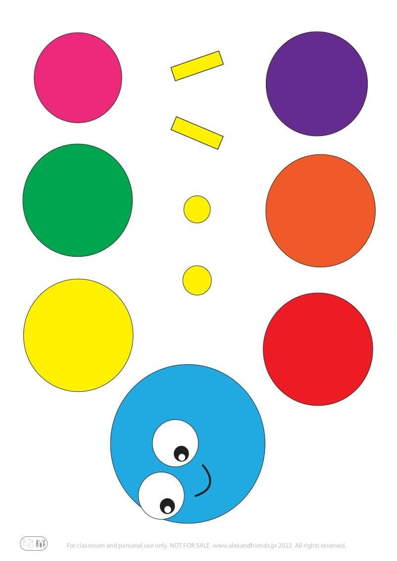 Χειροτεχνία για παιδιά νηπιαγωγείου προνήπιο. Εκπαιδευτική δραστηριότητα για παιδιά. Εκπαιδευτικό παιχνίδι. Μαθαίνω τον κύκλο. Μαθαίνω τα χρώματα. Η πολύχρωμη κάμπια. Δωρεάν εκτύπωση.