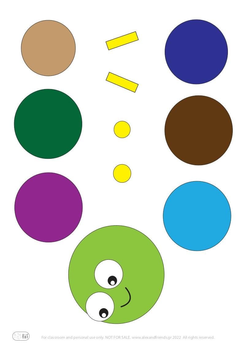 Χειροτεχνία για παιδιά νηπιαγωγείου προνήπιο. Εκπαιδευτική δραστηριότητα για παιδιά. Εκπαιδευτικό παιχνίδι. Μαθαίνω τον κύκλο. Μαθαίνω τα χρώματα. Η πολύχρωμη κάμπια. Δωρεάν εκτύπωση.