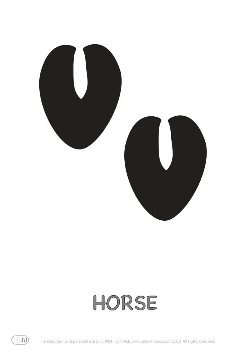 Educational activity for preschoolers with free printables. Playing with animal paw prints. Horse.