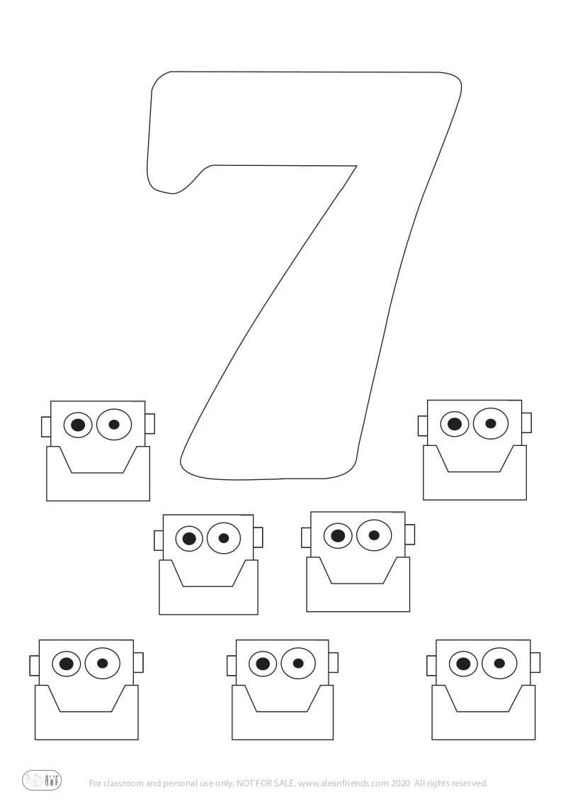 Free printable coloring page for kids. Learning number 7