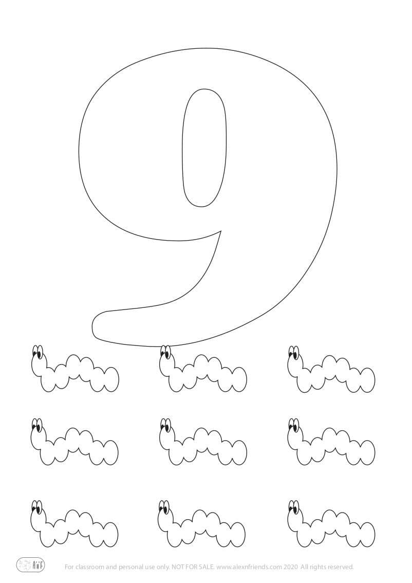 Free printable coloring page for kids. Learning number 9