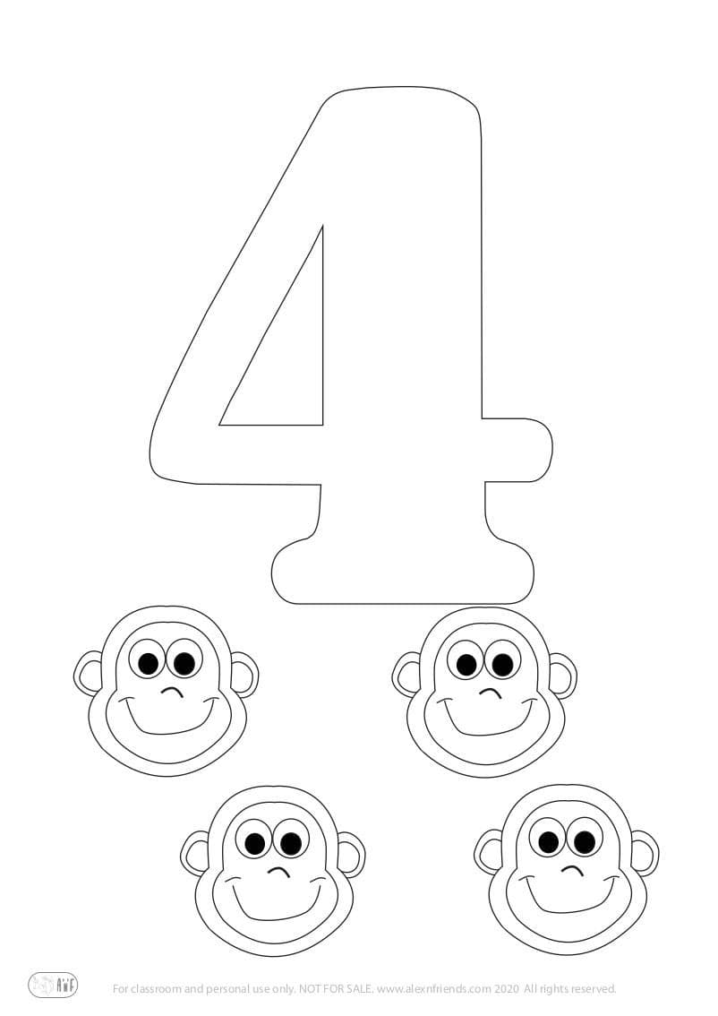 Free printable coloring page for kids. Learning number 4
