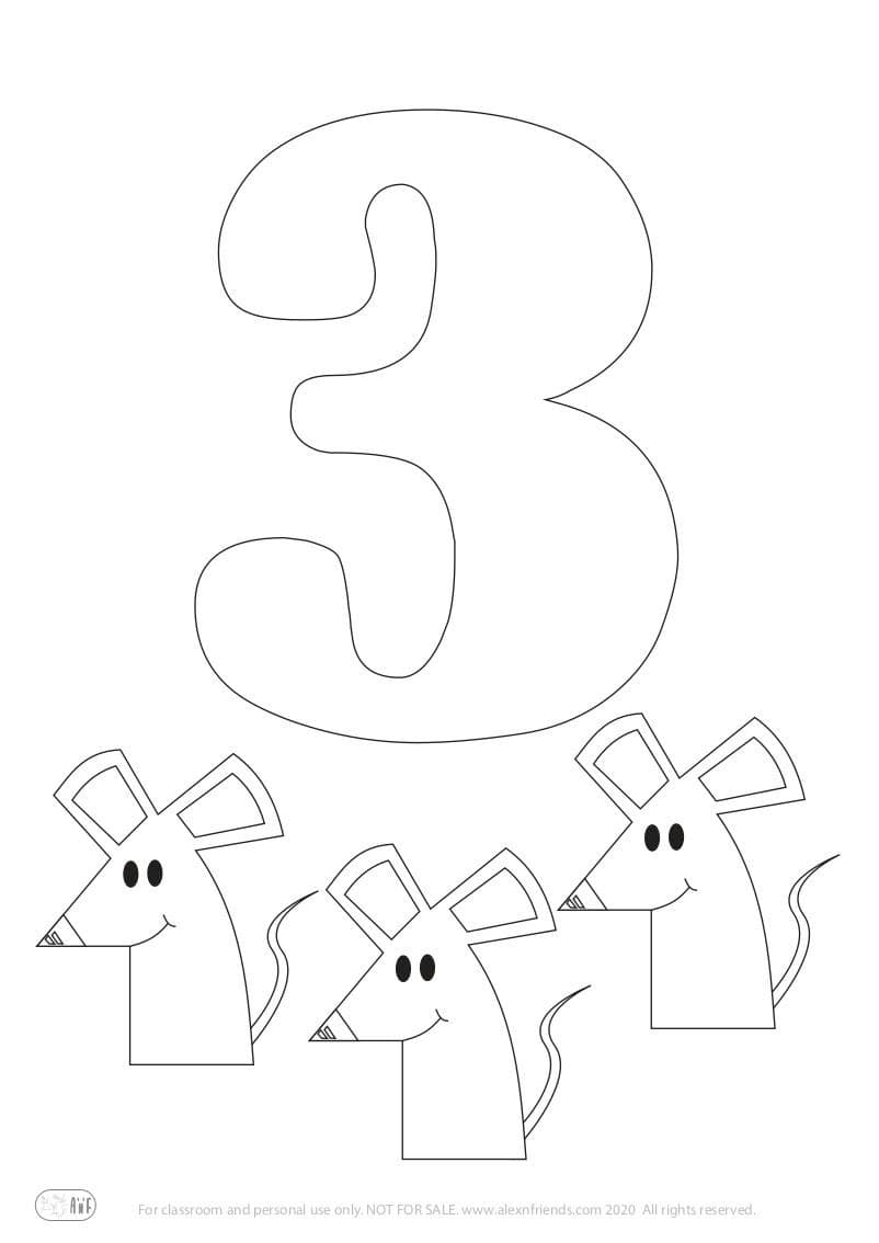 Free printable coloring page for kids. Learning number 3