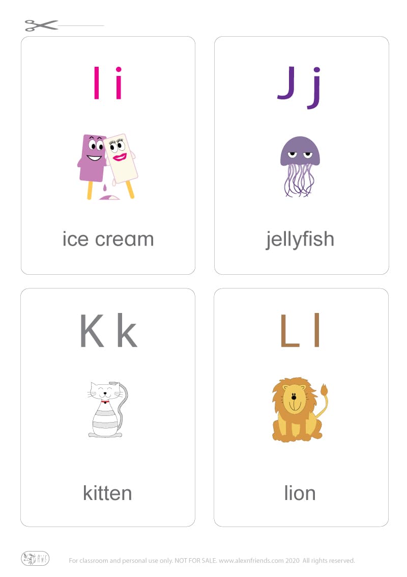 Learning english alphabet for kids. Free printable flash card with letters I i, J j, K k, L l and ice cream, jellyfish, kitten, lion