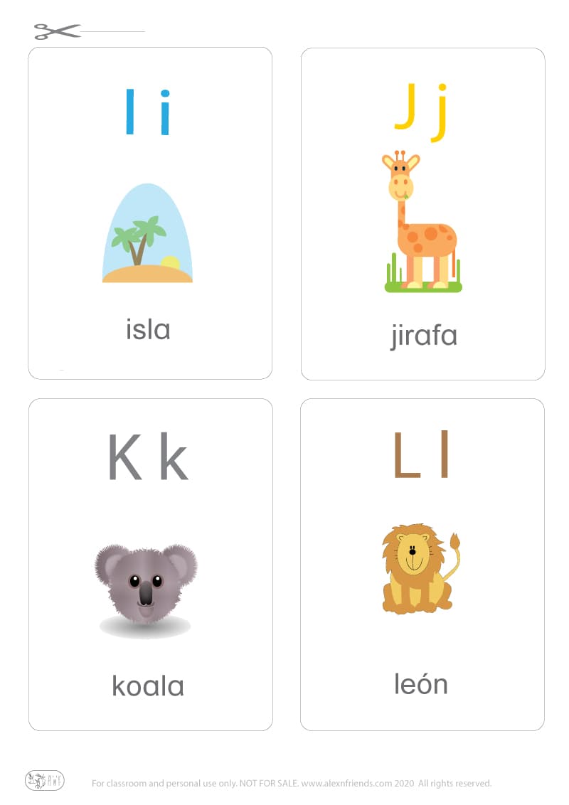 Learning Spanish alphabet for kids. Free printable flash card with letters I i, J j, K k, L l and island, giraffe, koala, lion