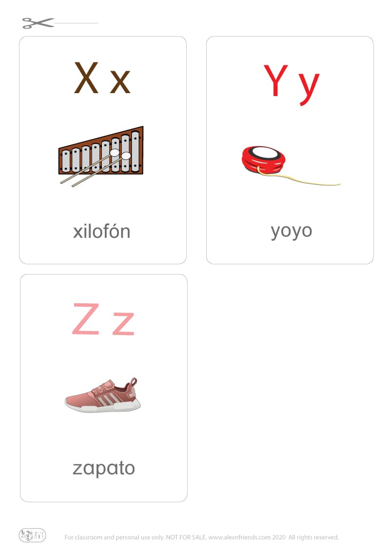 Learning Spanish alphabet for kids. Free printable flash card with letters X x, Y y, Z z and a xylophone, yoyo, shoe