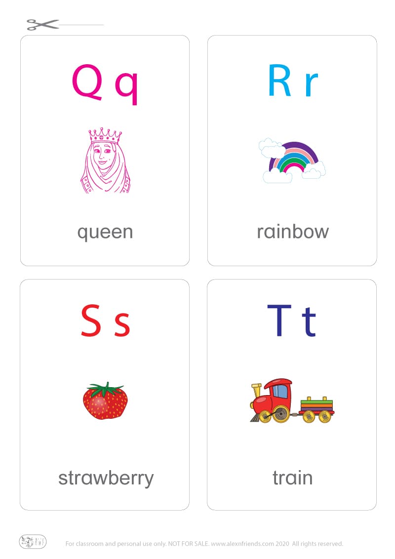Learning english alphabet for kids. Free printable flash card with letters Q q, R r, S s, T t and queen, rainbow, strawberry, train