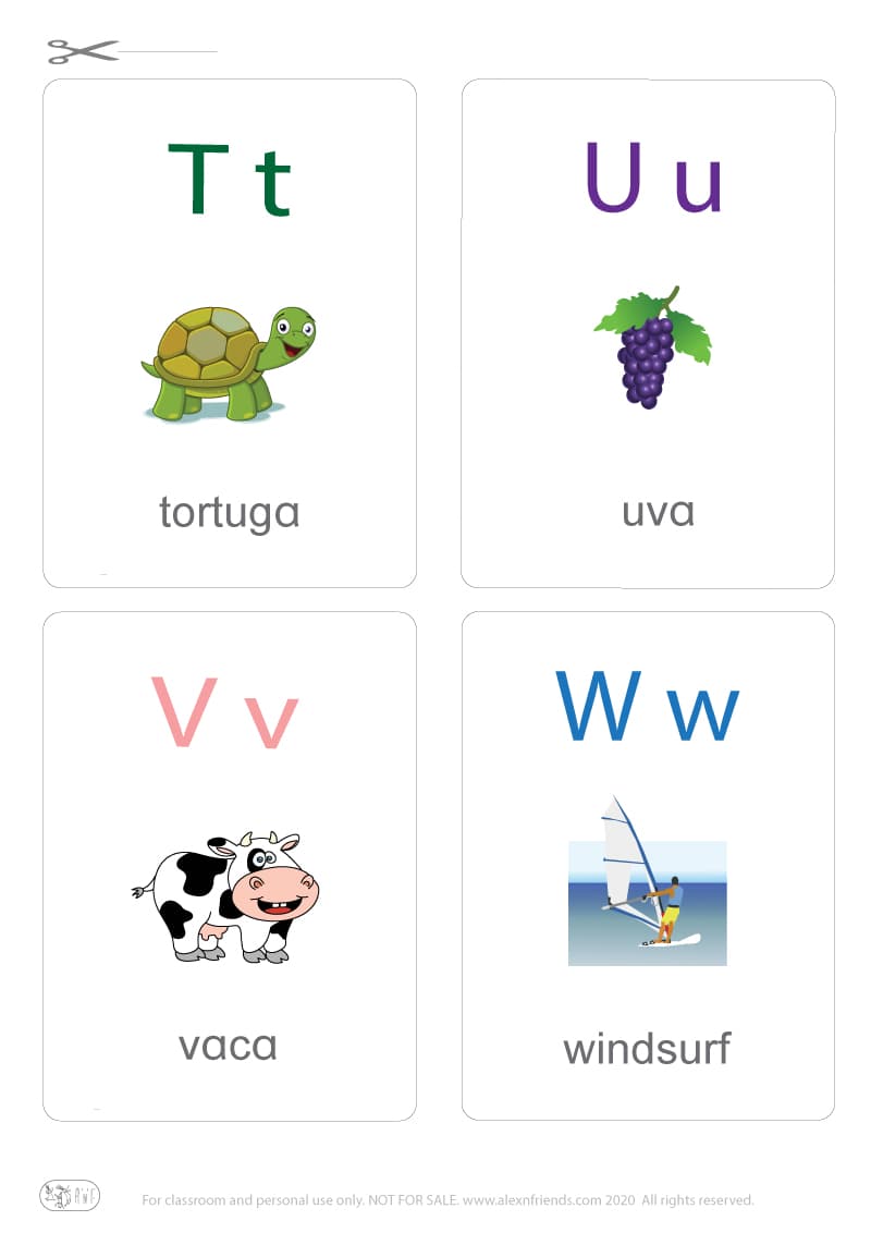Learning Spanish alphabet for kids. Free printable flash card with letters T t, U u, V v, W w and a turtle, grapes, cow, windsurf