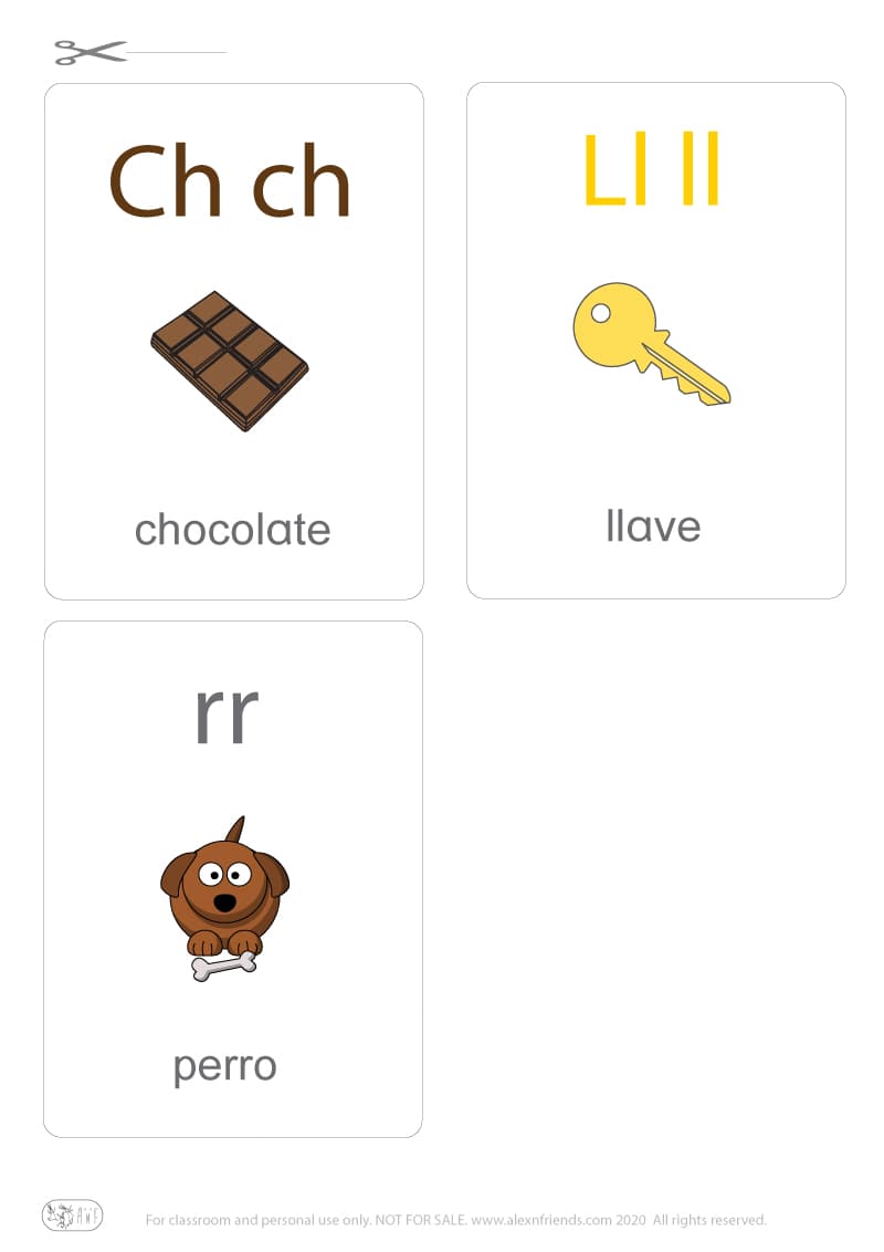 Learning Spanish alphabet for kids. Free printable flash card with letters ch, ll, rr and a chocolate, key, dog
