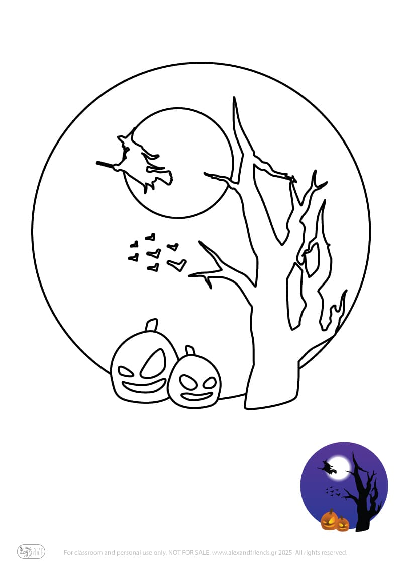 Halloween. Free printable coloring page for kids. Scary Halloween scene with witch and scary pumpkins.