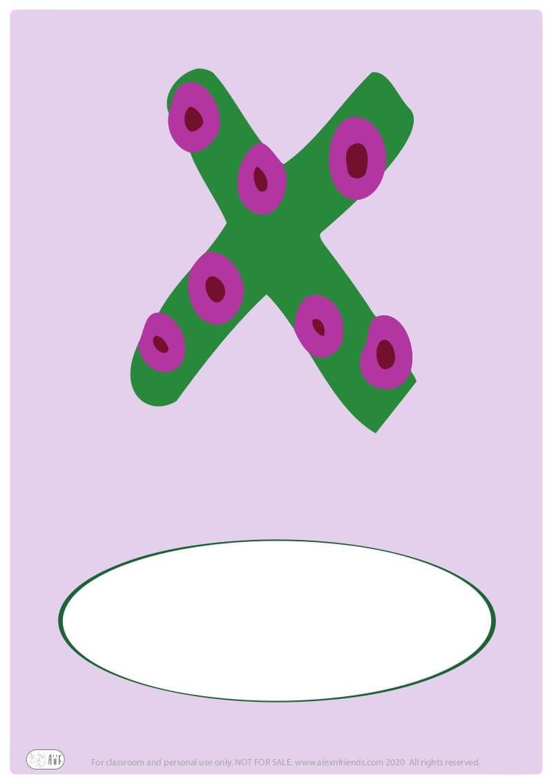 Free printable cover for kids' personal booklet with latin letter X.