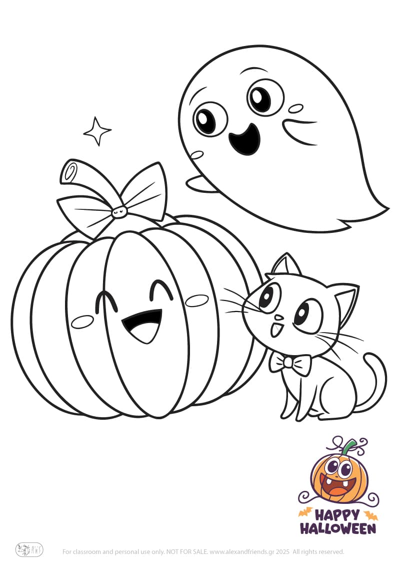 Pumpkin, ghost and kitten