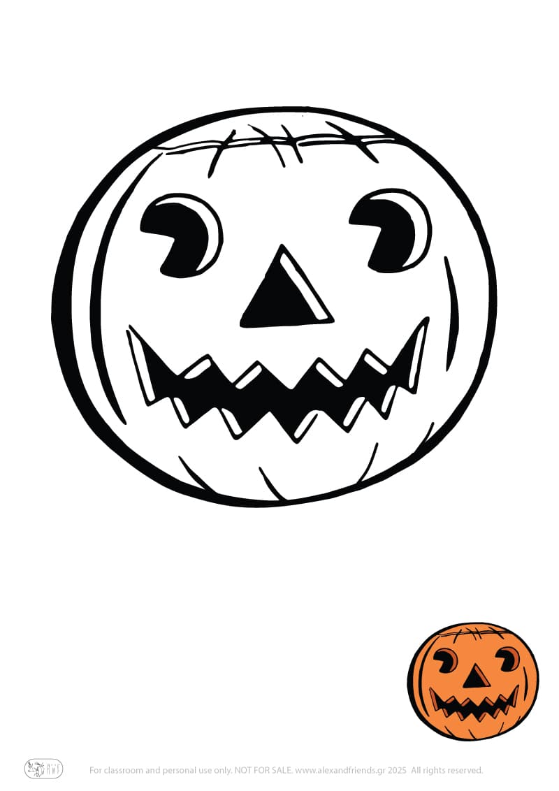 Halloween. Free printable coloring page for kids. Scary pumpkin.