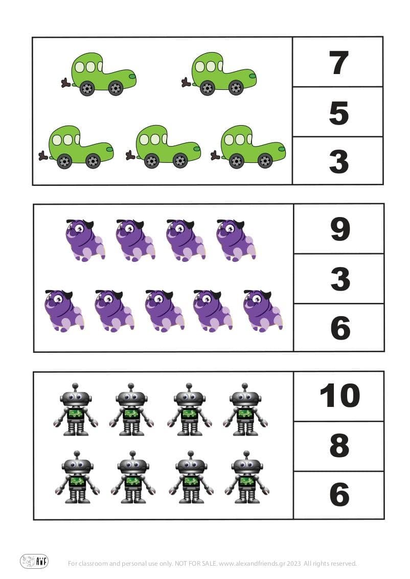Free printables for kindergarten. Learning numbers 1-10. Worksheets for toddlers.