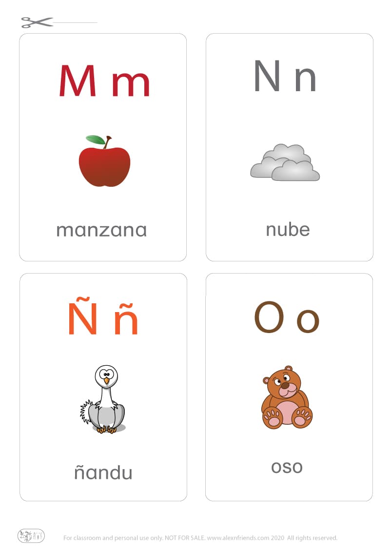 Learning Spanish alphabet for kids. Free printable flash card with letters M m, N n, Ñ ñ, O o and an apple, cloud, rhea bird, bear