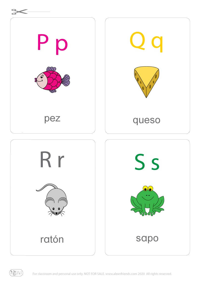 Learning Spanish alphabet for kids. Free printable flash card with letters P p, Q q, R r, S s and a fish, cheese, mouse, frog