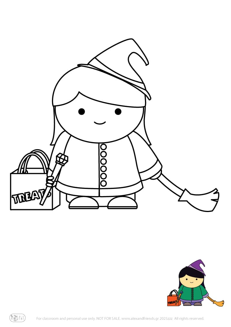 Halloween. Free printable coloring page for kids. Girl witch with broomstick.