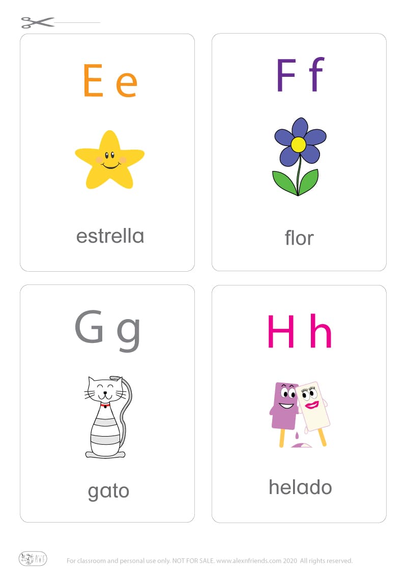 Learning Spanish alphabet for kids. Free printable flash card with letters E e, F f, G g, H h and a star, flower, cat, ice cream