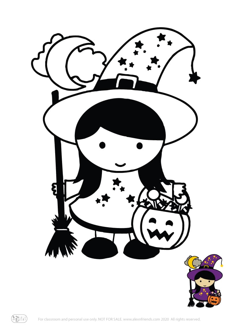 Halloween. Free printable coloring page for kids. Girl witch with pumpkin.