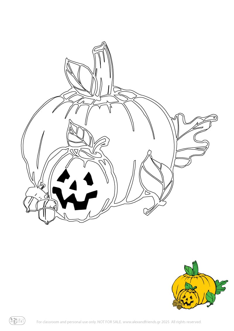 Halloween. Free printable coloring page for kids. Scary pumpkin.